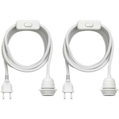 Abbildung von ledscom.de 2 Stück Textilkabel LEKA, Stecker, Schalter, weiß, 3 m, Lampen Fassung, 1x E27 max. 60W