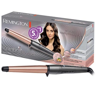 Abbildung von Remington Lockenstab [kegelförmig 19 28mm] Keratin Protect (hochwertige Keramikbeschichtung mit &amp; Mandelöl) Digitales Display bis 210C, natürliche Locken, Spirallocken Beach Waves, CI83V6