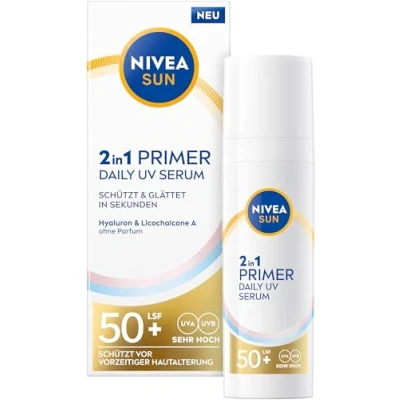 Abbildung von NIVEA SUN 2in1 Primer Daily UV Serum LSF 50+, parfümfreie Sonnencreme für glattere Gesichtshaut mit Hyaluron und Antioxidans, schnell einziehende Gesichtspflege (30 ml)