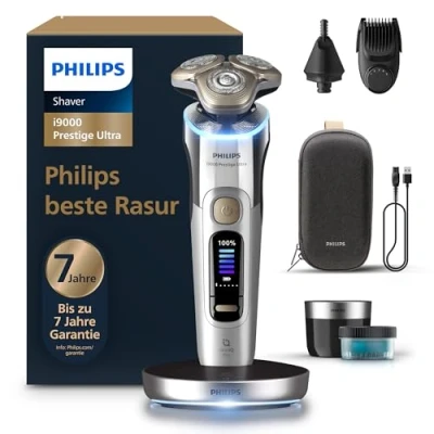 Abbildung von Philips Rasierer i9000 Prestige Ultra, Nass und Trockenrasiererr, chrom, Druck Bewegungssensor, 5+1 Bartstyler, Nasenhaartrimmer, Reinigungsstation, Ladestation &amp; Reiseetui (Modell XP9404/38)