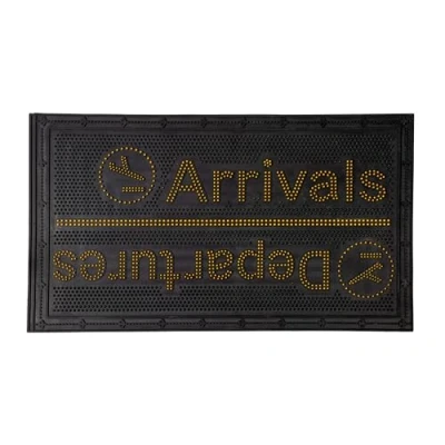 Abbildung von FISURA Originelle Gummifußmatte Arrivals/Departures. Schwarze und gelbe Fußmatte für draußen. den Eingang mit Spikes. Botschaft. Fußabtreter 70 x 40 Zentimeter.