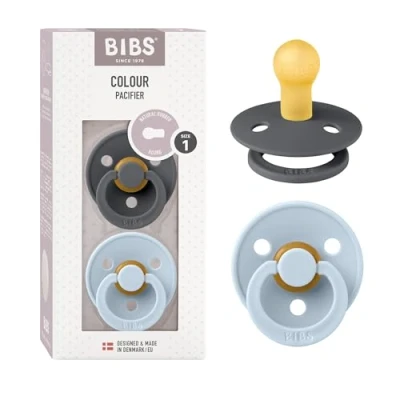 Abbildung von BIBS Colour Schnuller 2er Pack, BPA frei, Kirschform Nippel. Naturkautschuk/Latex, Hergestellt in Dänemark. Größe 1 0+ Monate 2 Iron/Baby Blue