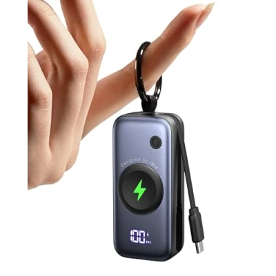 Abbildung von INIU Power Bank für Apple Watch, 5000mAh Powerbank mit eingebautem Kabel, Schlankes Reise Schlüsselanhänger Akkupack LCD Display iWatch 10/9/8/Ultra2/Ultra/SE, iPhone 16/15 etc
