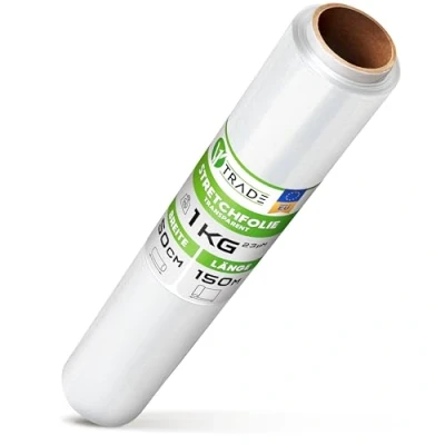Abbildung von V1 TRADE Stretchfolie Transparent 1 Strechfolienrolle Wickelfolie Handstretchfolie 150 Meter Lang und 50 cm Breit Verpackungsmaterial Verpackungsfolie auf Rolle Folie Für Möbel