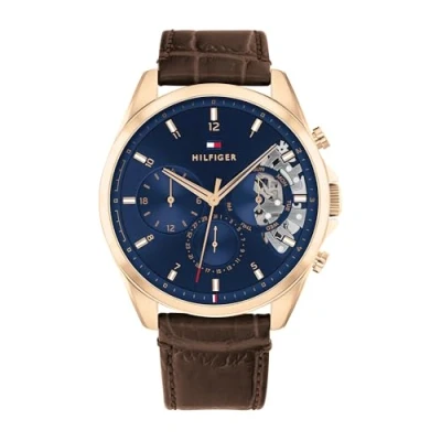Abbildung von Tommy Hilfiger Multi Zifferblatt Quarz Uhr für Herren mit Dunkel Braunes Lederarmband 1710453