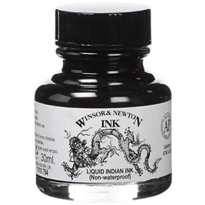 Abbildung von Winsor &amp; Newton 1010754 Drawing Inks Zeichentusche für Kalligraphen, Illustratoren, Grafikern, Künstler wasserbeständige Farben, herrvorragender Transparenz, 30ml Flasche Liquid Indian Ink