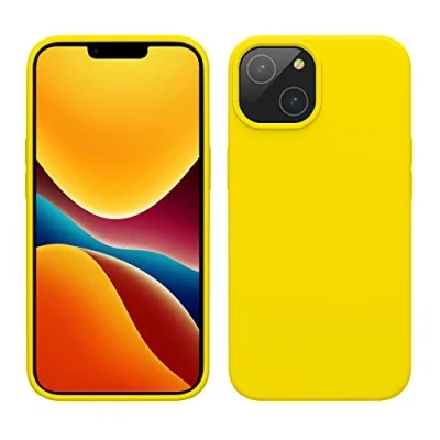 Abbildung von kwmobile Hülle für das iPhone 14 dünnes Silikon Handy Case stoßfeste Handyhülle mit weicher Oberfläche unterstützt kabelloses Laden Strahlend Gelb