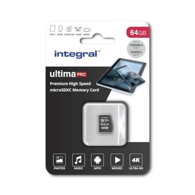 Abbildung von Integral Ultimapro Memory Card 64 GB microSDHC/100 MB/s/Class 10 UHS I U3/ V30 + Adapter
