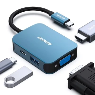 Abbildung von BENFEI USB C HUB 4in1,USB Multiport Adapter mit 4K HDMI/ 1080P VGA/ 5Gbps 3.0 Data Port/Typ 60W Power Delivery, kompatibel für iPhone 15 Pro/Max MacBook Pro/Ai iPad Pro iMac Galaxy S23, Blau