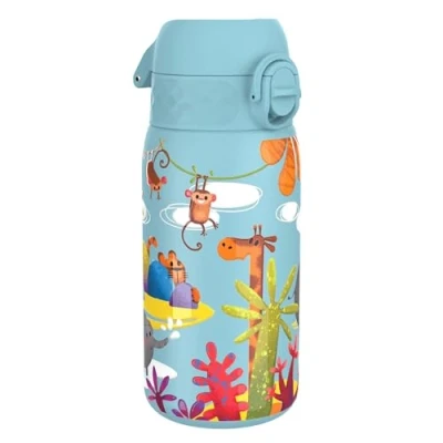 Abbildung von Ion8 Kinder Trinkflasche, Edelstahl 400ml, Auslaufsicher, Einhandöffnung, Sichere Verriegelung, Spülmaschinenfest, Klappdeckel, Tragegriff, Leicht zu Reinigen, Langlebig, Safari Design