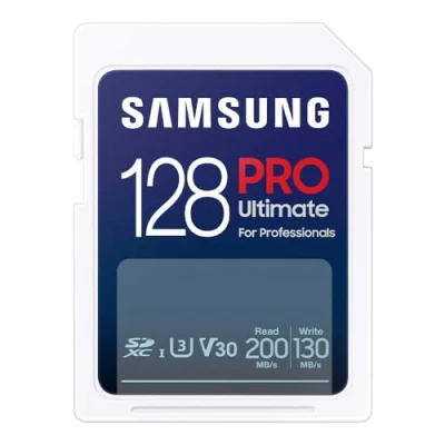 Abbildung von Samsung PRO Ultimate SD Karte, 128 GB, UHS I U3, Full HD &amp; 4K UHD, 200 MB/s Lesen, 130 Schreiben, Speicherkarte für Kamera, PC, Drohne oder Action Cam, MB SY128S/WW