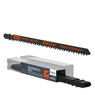 Abbildung von Presch Stichsägeblätter Holz 10 Stk. (Sehr Lang) Extrem schneller, gerader Schnitt (5 120mm) Profi Stichsägeblatt Set T Schaft für jede Stichsäge Sägeblätter dickes