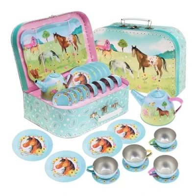 Abbildung von Jewelkeeper Kinderspiel Zinn Teeservice &amp; Tragetasche, Kindergeschirr Spielküche, 15 teilig Pferdedesign