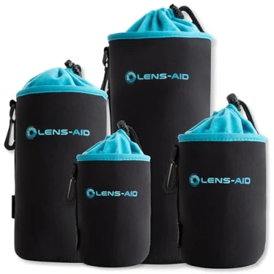 Abbildung von LENS AID Neopren Objektivbeutel mit Fleece Fütterung als Set oder einzeln Objektivtasche BZW. Köcher Schutz für Objektiv, Blitz, Monitor, Kamera Zubehör XL