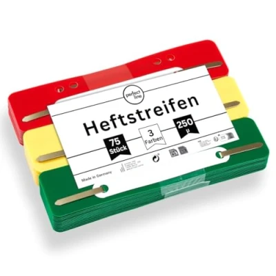Abbildung von perfect line 75 Heftstreifen (3x25 Stk.), recycelbarer Kunststoff, MADE IN GERMANY (Grün, Gelb, Rot N)