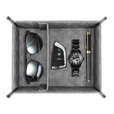 Abbildung von SITHON Taschenleerer, Tablett Organizer Ablage Aufbewahrungsbox Abnehmbare 2 Fächer Kunstleder Ablageschale für Handy Schmuck Schlüssel Kleingeld Geldbörse und Büroausstattung, (Grau)