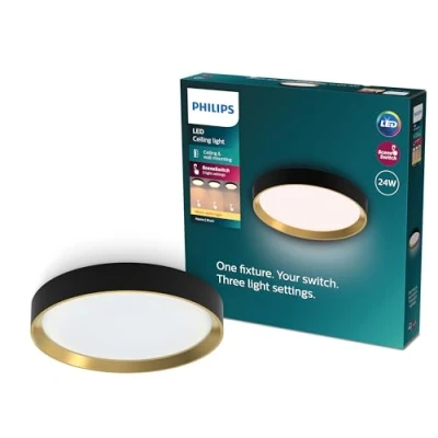 Abbildung von Philips Hanno SceneSwitch LED Deckenleuchte, rund, 24 W, 2700 Lumen, K, Schwarz, IP20, warmweißes Licht, 3 Lichteinstellungen