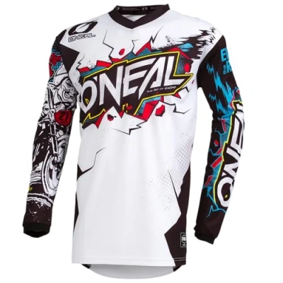 Abbildung von O&#039;NEAL Motocross Jersey Langarm Kinder MX MTB Mountainbike Enduro Eingenähter Ellbogenschutz, V Ausschnitt, Atmungsaktives Material Element Youth Villain Weiß Größe M
