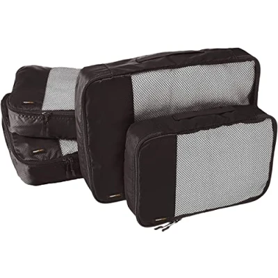 Abbildung von Amazon Basics Packwürfel Set für Koffer, Reise Organizer, Reißverschluss, 4 Teilig, 2 Mittelgroße, Große, Schwarz