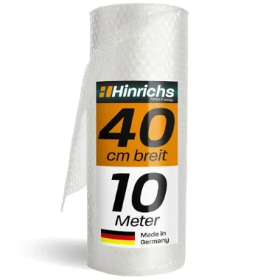 Abbildung von Hinrichs Luftpolsterfolie Rolle 10m x 40 cm Ideal für Versand, Verpackung und Umzug 100% recyclingfähig Bubble Wrap als Verpackungsmaterial Noppenfolie Polstermaterial
