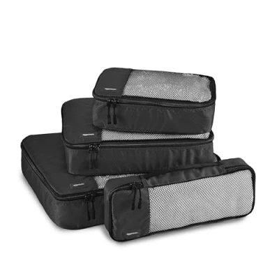 Abbildung von Amazon Basics Packwürfel Set für Koffer, Reise Organizer, Reißverschluss, 4 Teilig, Groß, Mittelgroß, Klein, Schmal, Schwarz
