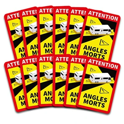Abbildung von Attention Angles Morts Aufkleber je 25x17cm für Fahrzeuge Pflicht ab 3,5 t in Frankreich Warnung Toter Winkel Sticker selbstklebend uv beständig wetterfest R145 (Wohnmobil, 12 Stück)