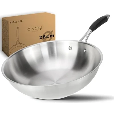Abbildung von DIVORY Edelstahl Pfanne 28 cm PURA Induktion I unbeschichtete Wok Bratpfanne für alle Herdarten Induktionspfanne, Ergonomischer Griff, Spülmaschinen geeignet (28 (Wok), Silber)
