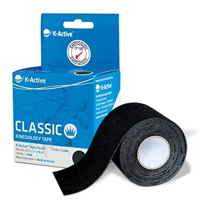 Abbildung von K Active Tape Classic Kinesiotapes super hautverträglich wasserfest Kinesiologie für Sport &amp; Therapie, extra langer Halt [5cmx5m] (Schwarz)