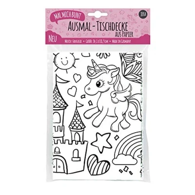 Abbildung von Papier Tischdecke zum Ausmalen, Motiv Fantasiewelt, bemalbare Einhorn, Deko Kindergeburtstag, Ausmalen Mädchen, Mal Mich Bunt