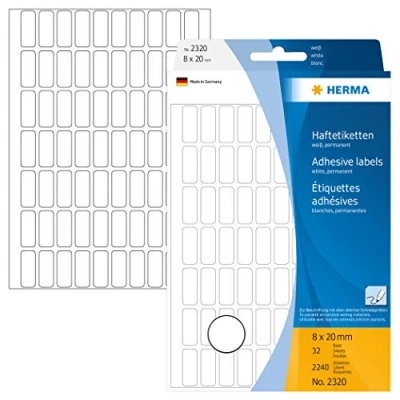 Abbildung von HERMA 2320 Vielzweck Etiketten, 2240 Stück, 8 x 20 mm, 70 pro Bogen, selbstklebend, Haushaltsetiketten zum Beschriften, matt, blanko Papier Klebeetiketten Aufkleber, weiß