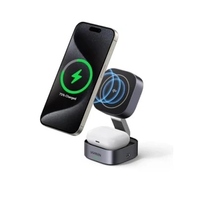 Abbildung von UGREEN MagFlow Qi2 zertifizierte 15W 2 in 1 Ladestation kompatibel mit MagSafe faltbares Wireless Charger für iPhone 16/15/14/13, AirPods 2/3, 1M Kabel, ohne Netzteil