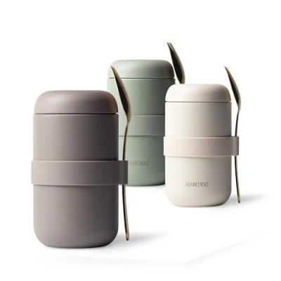 Abbildung von MAMEIDO Thermobehälter für Essen 500ml, Müslibecher to go Edelstahl, Thermobecher auslaufsicher, Ideal Joghurt, Porridge, Babybrei, Suppen &amp; Eis (Taupe Grey, 0,5l)