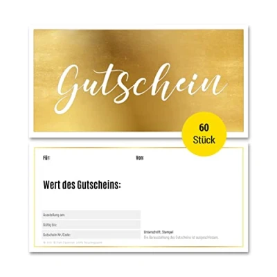 Abbildung von Frank Paperman® 60x Geschenk Gutschein blanko für Kunden mit funkelnder Goldprägung Gutscheine zum selber Ausfüllen Vordruck im Format DIN Lang Plus