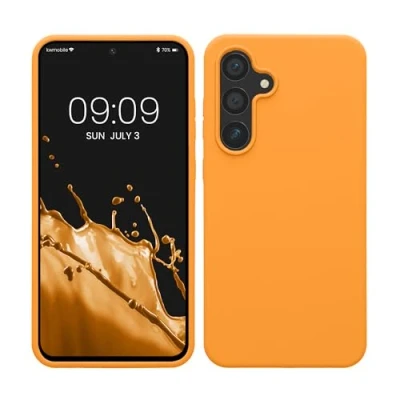 Abbildung von kwmobile Hülle kompatibel mit Samsung Galaxy S24 FE Silikon Handy Case Handyhülle weiche Oberfläche kabelloses Laden Fruity Orange