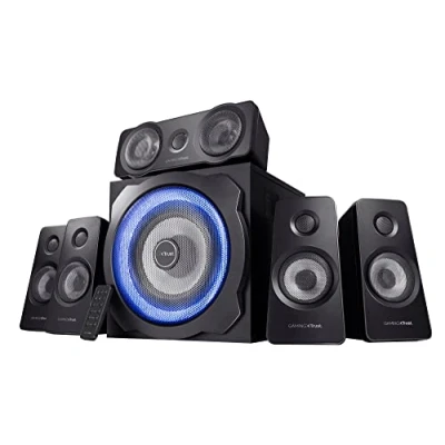 Abbildung von Trust Gaming 21738 GXT 658 Tytan 5.1 Surround PC Lautsprecher mit Subwoofer, Speakers LED Beleuchtung, Soundsystem für PC, Laptop, Konsole, TV, Schwarz, 180 W (90 RMS)
