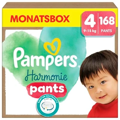 Abbildung von Pampers Harmonie Windeln Pants Baby, Größe 4 (9kg 15kg), Monatsbox, sanfter Hautschutz und pflanzenbasierte Inhaltsstoffe, 168 Höschenwindeln
