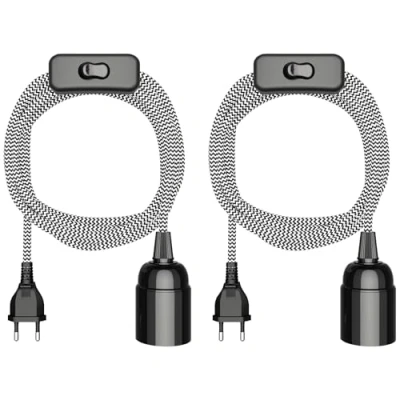 Abbildung von ledscom.de 2 Stück Textilkabel LEHA, Stecker, Schalter, schwarz, weiß, gezackt, 3 m, Lampen Fassung, 1x E27 max. 60W