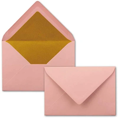 Abbildung von Kuverts in Altrosa 25 Stück Brief Umschläge DIN C6 114 x 162 mm 11,4 16,2 cm Naßklebung matte Oberfläche &amp; Gold Metallic Fütterung ohne Fenster für Einladungen