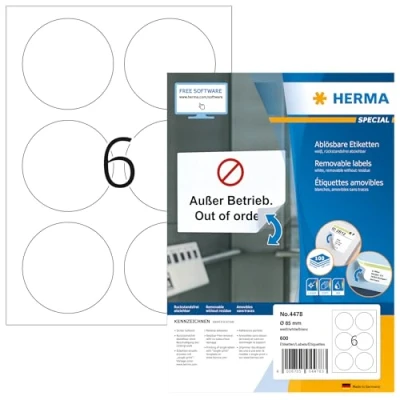 Abbildung von HERMA 4478 Universal Etiketten ablösbar rund, 100 Blatt, Ø 85 mm, 6 pro A4 Bogen, 600 Stück, selbstklebend, bedruckbar, matt, blanko Papier Klebeetiketten Aufkleber, weiß