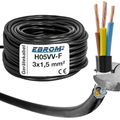 Abbildung von EBROM Kunststoff Schlauchleitung RUND, Kabel, Stromkabel, Leitung, Gerätekabel H05VV F 3x1,5 mm² 3G1,5 mm2 Farbe: schwarz Viele Längen in 5 m Schritten bis 150 Meter, Ihre Kabellänge: Meter