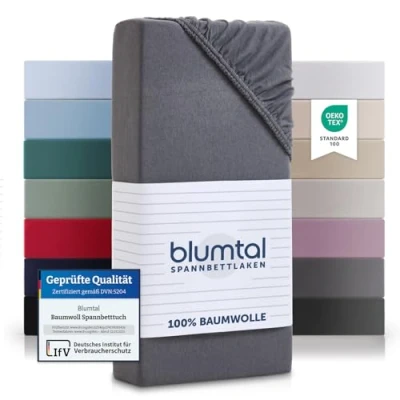 Abbildung von Blumtal® Basics Spannbettlaken 140x200cm Jersey Baumwolle Oeko TEX zertifiziertes Spannbetttuch Matratzenbezug Leintuch 140x200 Bettbezug Grau