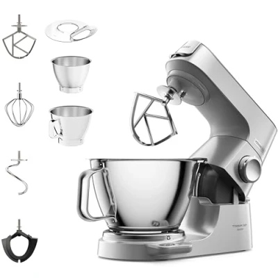 Abbildung von Kenwood Titanium Chef Baker KVC85.004SI Küchenmaschine mit integrierter Waage, inkl. 3 teiligem Patisserie Set, 5 L und 3,5 Rührschüssel, stufenloser Geschwindigkeitsregler, 1200 W, Silver
