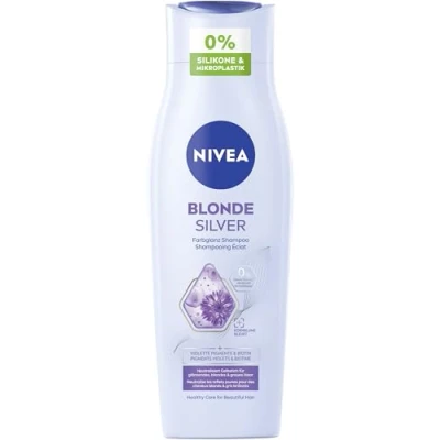 Abbildung von NIVEA Blonde Silver Farbglanz Shampoo, Silbershampoo frischt blondes, silbernes &amp; graues Haar auf, pflegendes Haarshampoo mit violetten Farbpigmenten, Kornblume Biotin (250ml)
