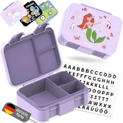 Abbildung von BEARFOOT Bento Box COMPACT BPA freie Kinder Brotdose für Schule &amp; Kindergarten Auslaufsichere Lunchbox Mädchen Jungen Praktisch, leicht kompakt (Meerjungfrau lila, 650ml)