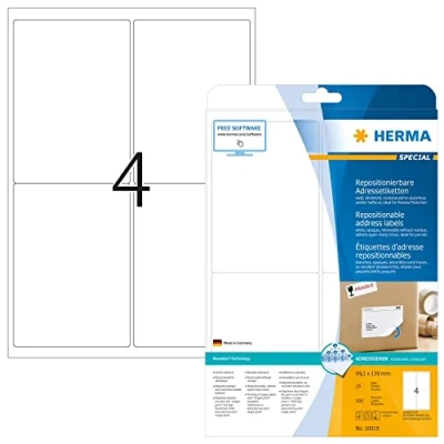 Abbildung von HERMA 10019 Universal Etiketten blickdicht ablösbar, 25 Blatt, 99,1 x 139 mm, 4 pro A4 Bogen, 100 Stück, selbstklebend, bedruckbar, matt, blanko Papier Klebeetiketten Aufkleber, weiß