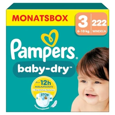 Abbildung von Pampers Windeln Größe 3 (6 10kg) Baby Dry, Midi, MONATSBOX, bis zu 12 Stunden Rundum Auslaufschutz, 222 Stück