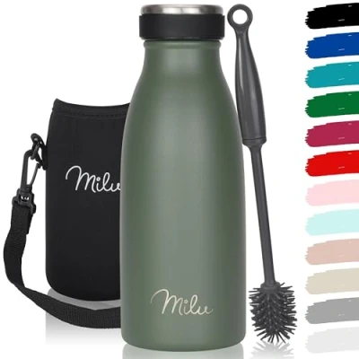 Abbildung von Milu Edelstahl Trinkflasche 350ml, 500ml, 750ml, 1L, 1,5L Thermosflasche für Kinder Erwachsene auslaufsicher Isolierflasche Kohlensäure geeignet inkl. Reinigungsbürste (Olivgrün, 350ml)