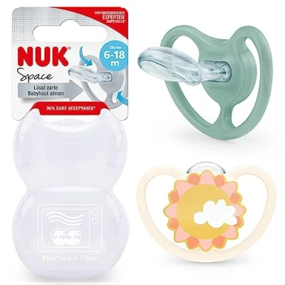 Abbildung von NUK Space Schnuller mit extra Belüftung BPA freies Silikon 6 18 Monate Zebra &amp; Sonne 2 Stück