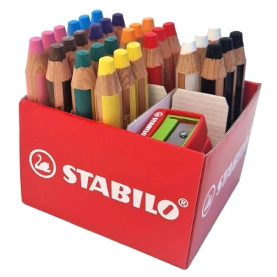 Abbildung von Buntstift, Wasserfarbe &amp; Wachsmalkreide STABILO woody 3 in 1 30er Box mit 2 Spitzern 10 verschiedenen Farben