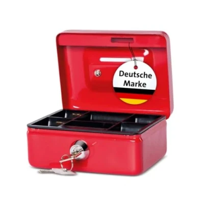 Abbildung von MAUL Geldkassette aus Stahl 12,5x9,5x6,1cm Kasse mit Münzeinwurfschlitz abschließbar und tragbar geeignet als Spardose, Kaffeekasse, Sparkasse, Trinkgeldkasse Rot